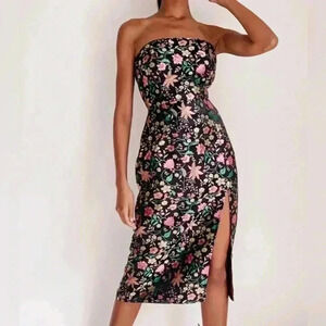 NWT LULUS Make a Move Black Satin Floral Jacquard Strapless Midi Dress
